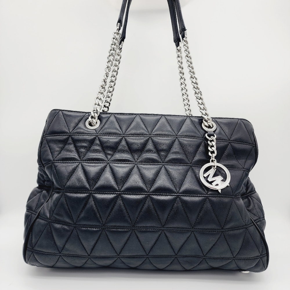 Michael Kors Black Quilted Leather Shoulder Tote with Silver Chain - Picture 6 of 16